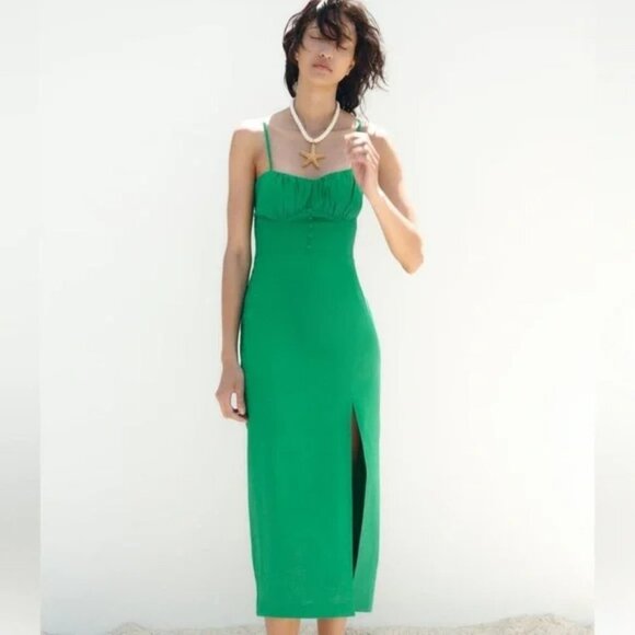 Zara Linen Blend Corset Midi Slit Dress Green Size Medium - Picture 4 of 13